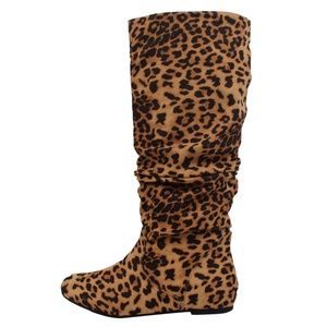 Cheetah Faux Suede Slouchy Knee High Flat Boot